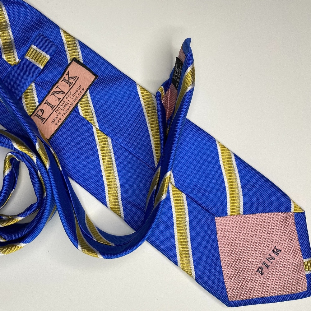 Thomas Pink Blue & Gold Striped Silk Neck Tie